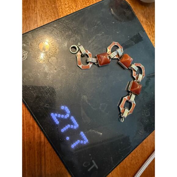 Vintage Art Deco Sterling Red Enamel Bracelet Carnelian Sard Pyramid Cabochon - Picture 4 of 11